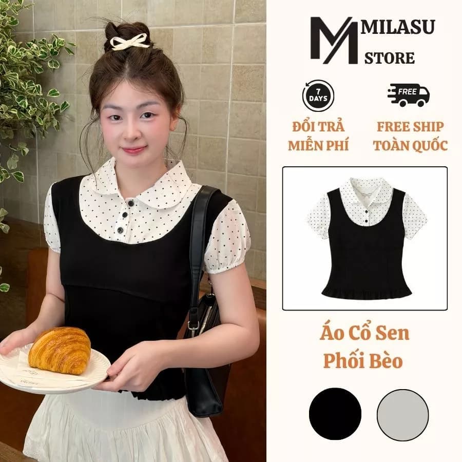 Áo Kiểu Cổ Sen Sơ Mi Phồi Viền Bèo MILASU Áo Thun Cộc Tay Bo Chun Form Chiết Eo Điệu Đà 535