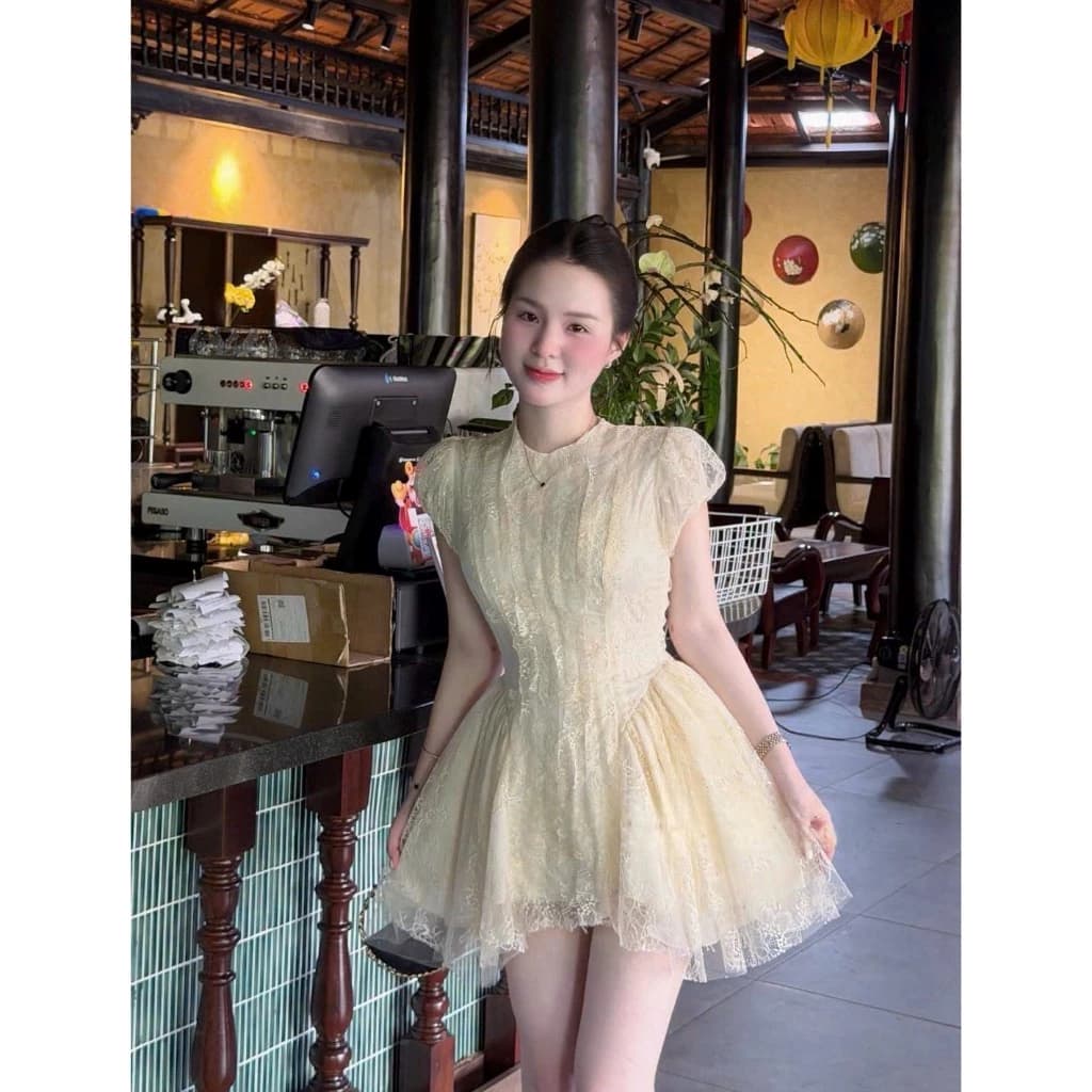 Váy ren cổ tròn vai hến ôm eo dáng xoè ngắn đầm ren 2 màu tôn dáng phong cách tiểu thư đi chơi đi tiệc V50