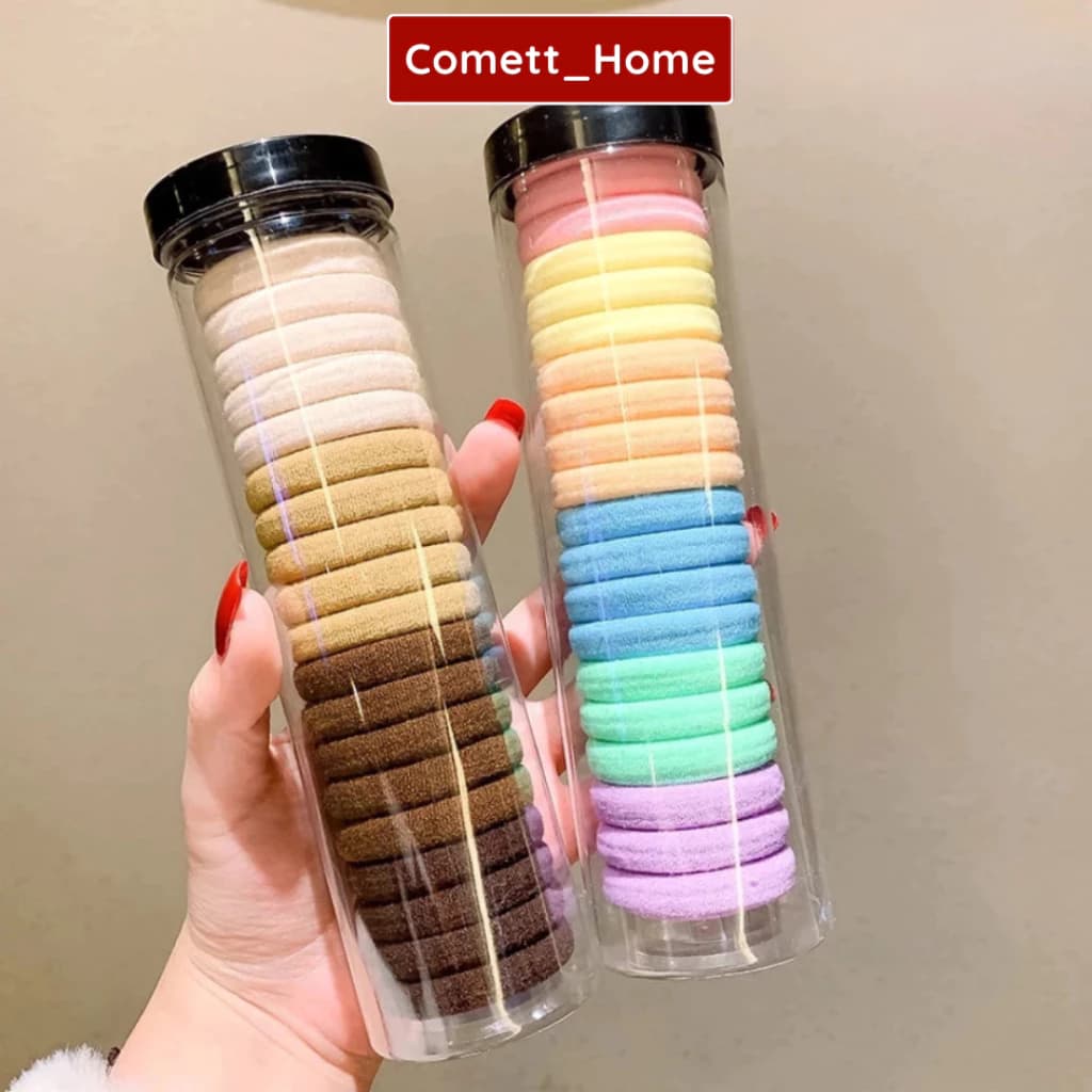 Hộp 20 Chun Buộc Tóc Nhiều Màu Sắc - Dây Buộc Tóc Trơn Kèm Ông Đựng Trong Suốt