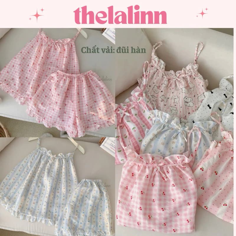 [ẢNH THẬT] Set pijama đũi hàn 2 dây mềm mại hoạ tiết xinh xắn. Bộ ngủ nữ đũi cotton dây mùa hè WQA035