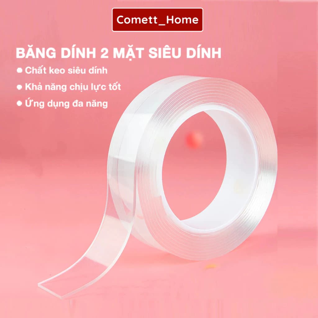 Băng Dính 2 Mặt COMETT Siêu Dính Băng Keo Nano Trong Suốt 5M Dán Tường Keo Dán Dính Mọi Bề Mặt Tiện Lợi