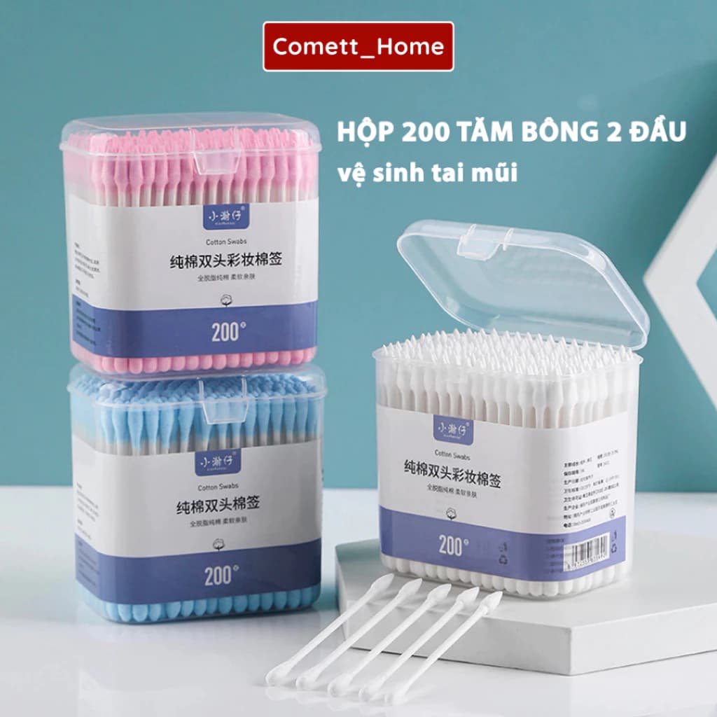Hộp 200 Tăm Bông Ngoáy Tai COMET 2 Đầu Chất Liệu Bông Catton Mềm Mại Cho Người Lớn Và Trẻ Em