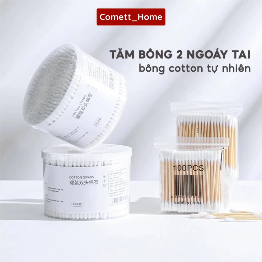 Hộp 500 Tăm Bông Ngoáy Tai 2 Đầu COMET - Tăm Ngoáy Tai Thân Gỗ Thân Thiện Môi Trường