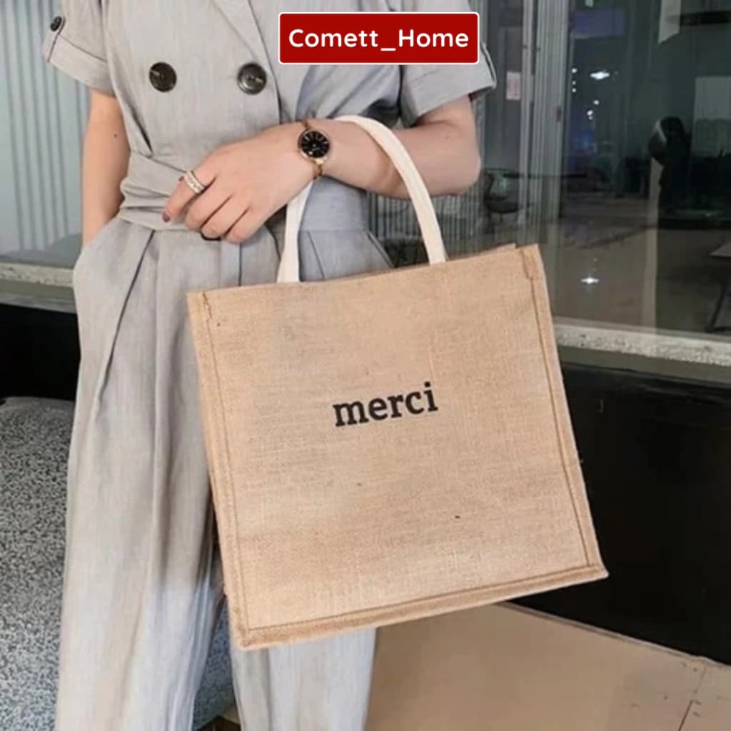Túi Cói Đi Biển Merci Loại 1 Có Cúc Bấm Đựng Đồ Quần Áo Du Lịch Size To A4 Chống Nước Phong Cách Vintage