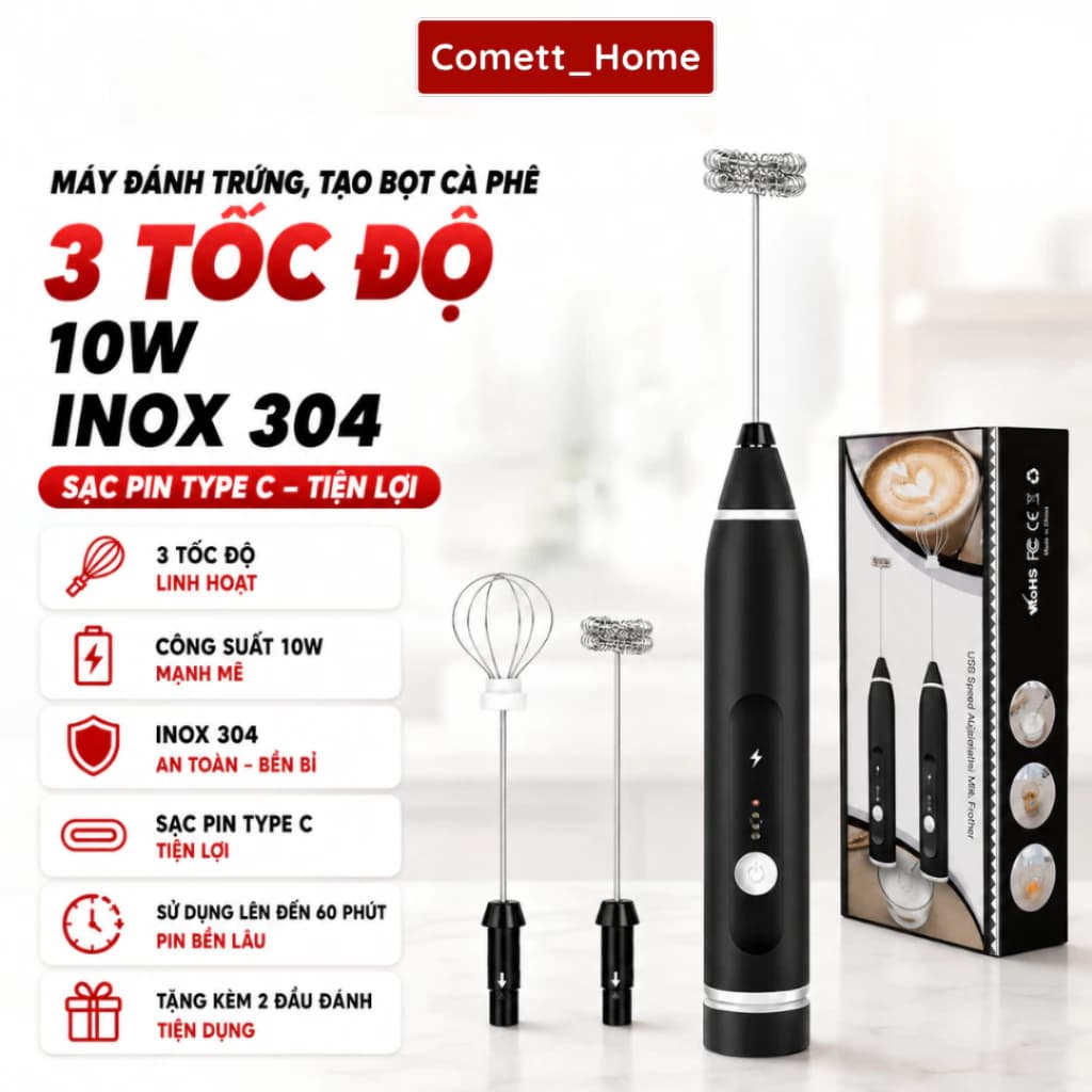 Máy Đánh Trứng Mini Cầm Tay COMET - Máy Đánh Tạo Bọt Cafe 3 Chế Độ Sạc Pin Tiện Dụng Bảo Hành 12 Tháng