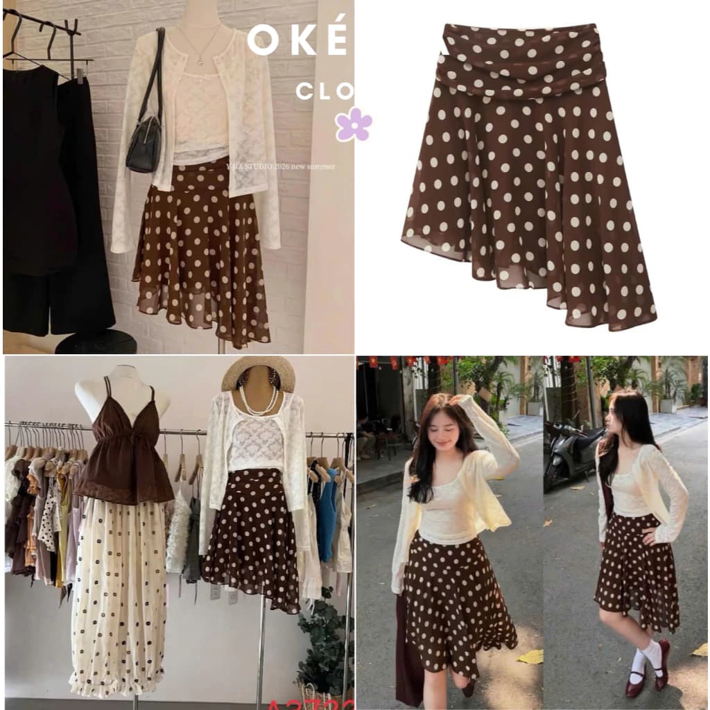 [NEW_SET] SET ÁO Ren Mỏng Cardigan Mix Chân Váy Lụa Chấm Bi Nữ tà lệch JIANA OKÉLLA