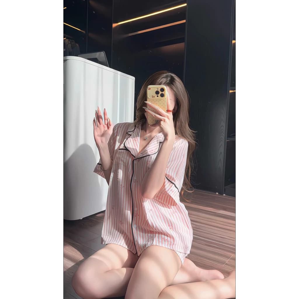 ( Ảnh thật tự chụp ) Set pijama Cộc tay kẻ mix nơ viền né chất đẹp mát By Chun
