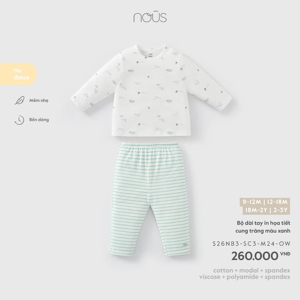 Nous Baby Bộ quần áo dài tay thu đông bé trai bé gái, đồ bộ dài mềm thoáng in hình nhỏ xinh từ 8.5-15kg BST T7