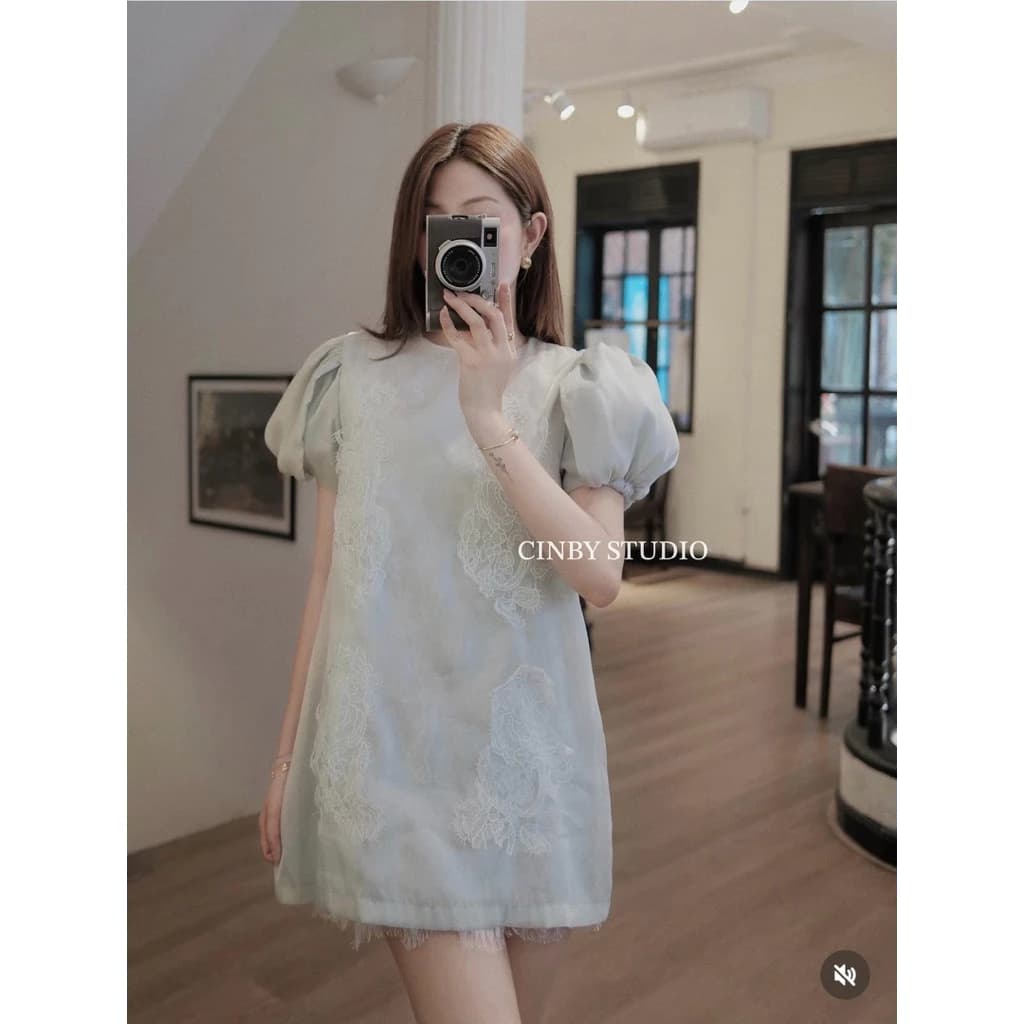 LALASTUDIO• Váy tơ dáng ngắn tay bồng phối ren cao cấp tiểu thư thanh lịch