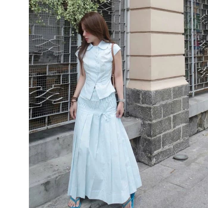 SET ĐỒ NỮ XANH DA TRỜI ÁO CỔ SEN CỘC TAY MIX CHÂN VÁY MAXI DÁNG DÀI LUPU THIẾT KẾ