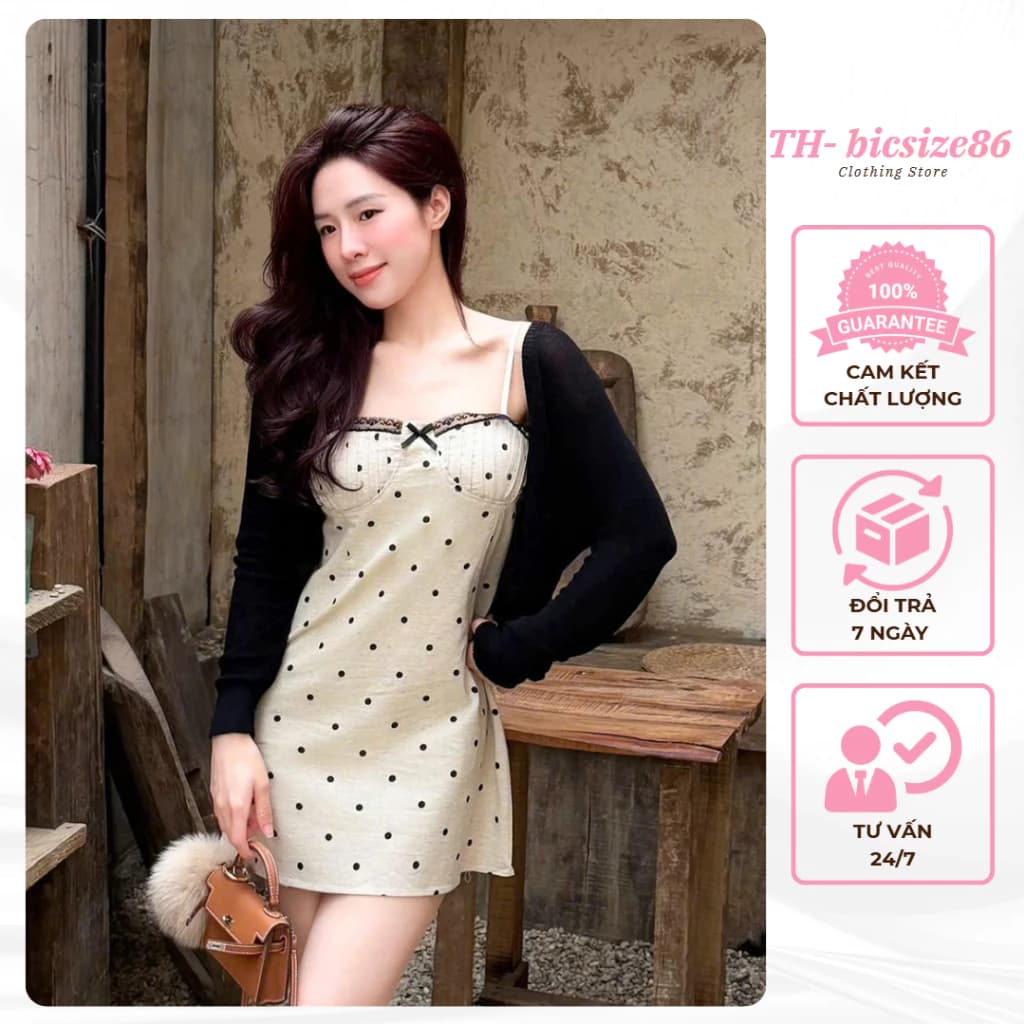 Set váy hai dây chất thô đũi chấm bi mix áo khoác len ngoài điệu đà sang chảnh