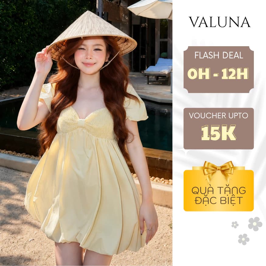 Đầm babydoll nữ tay phồng cổ vuông dáng bí chất cao cấp đi biển du lịch sang trọng VALUNA STORE 2686