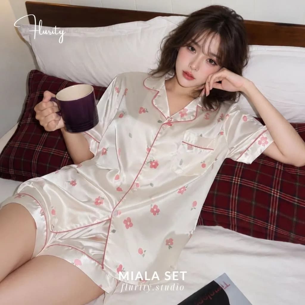 Set Bộ Đồ Ngủ Pijamas Ngắn Thiết kế Cao Cấp Nữ Mặc Ở Nhà Quyến Rũ Miala Pyjamas Lụa Mềm Mát Dễ Thương Flurity PINGAN999