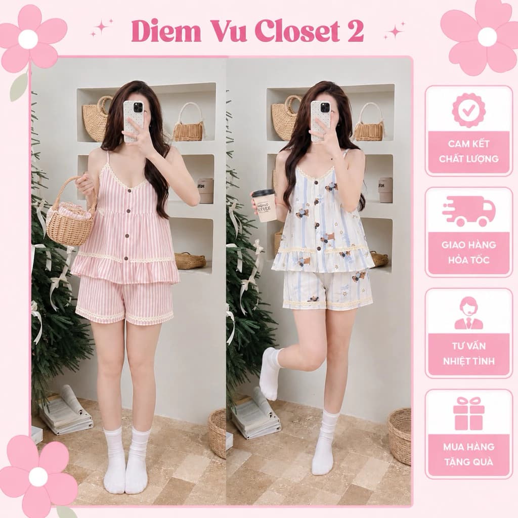 (HÌNH THẬT) Set pijama 2 dây babydoll cúc gỗ, bộ đồ nữ mặc nhà thoáng mát mùa hè, bộ đồ ngủ 2 dây