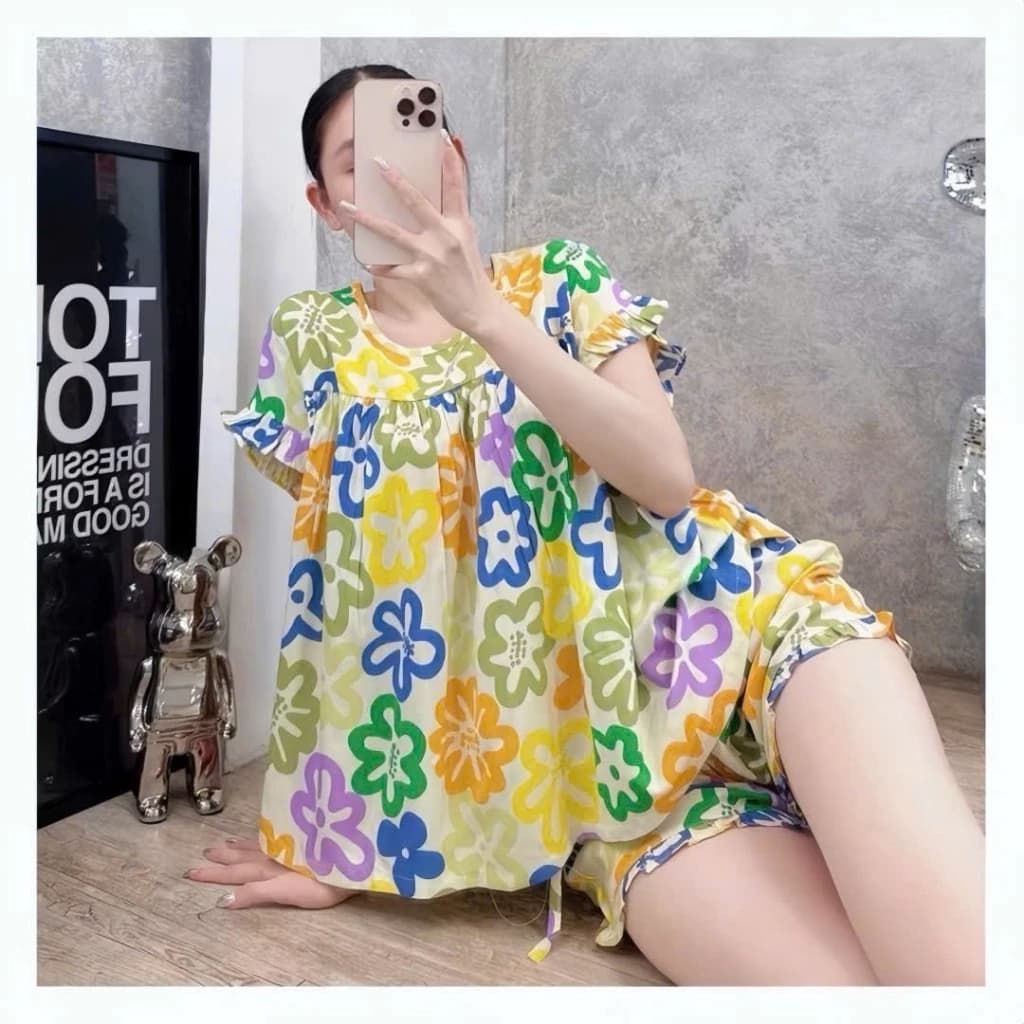 TL275-PHOM TO- Đồ Bô Tole Lanh Nữ VNXK Quần Đùi Aó Có Tay Chất liệu mềm mịn, mát, hoạ tiết dễ thương