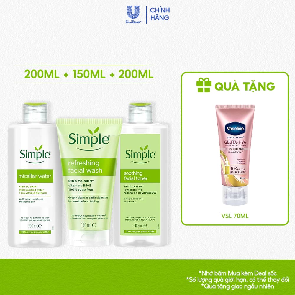 [LIVE] Combo 3 bước dưỡng Simple Nước tẩy trang 200ml + Sữa rửa mặt 150ml + Nước hoa hồng 200ml