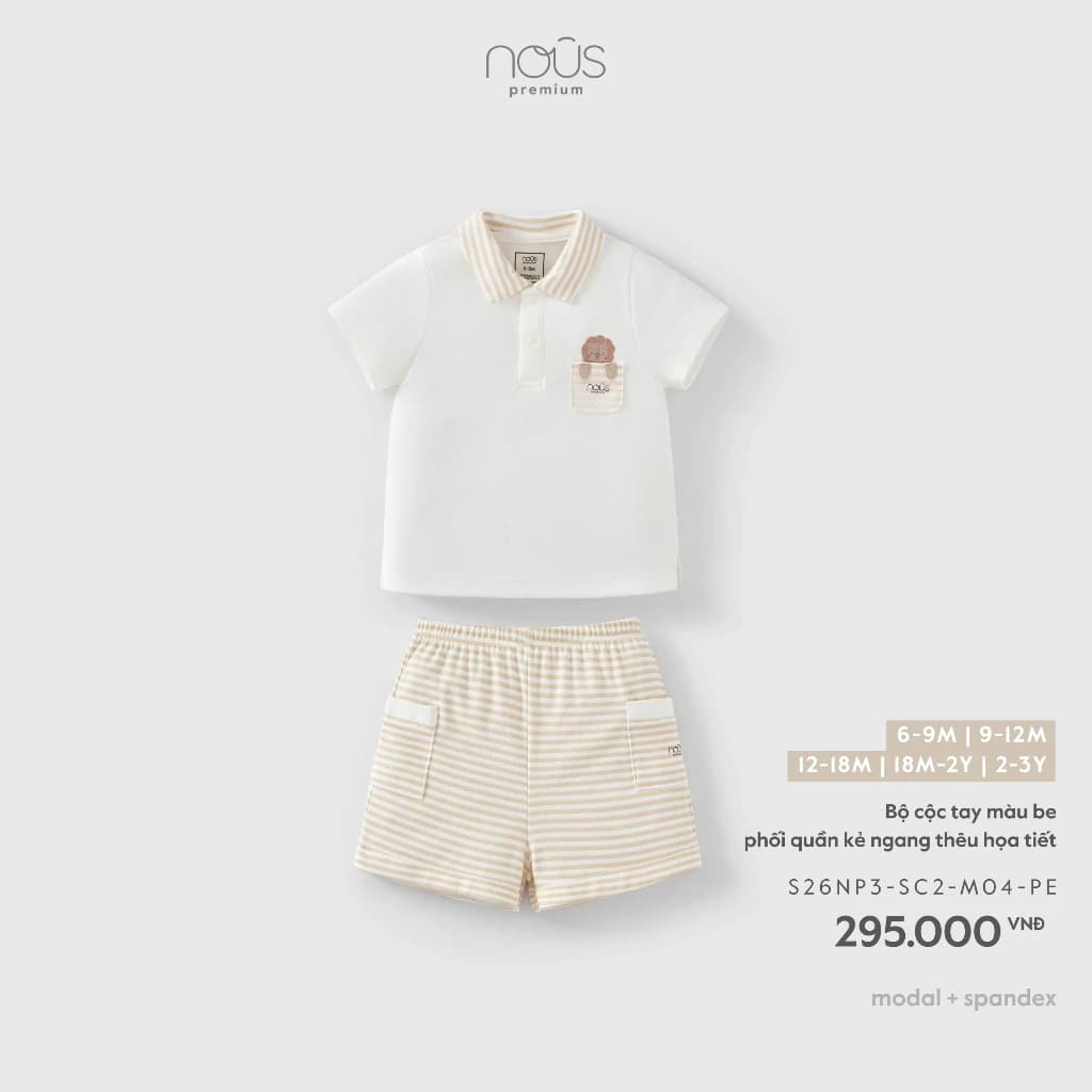 Nous Baby Bộ quần áo cộc tay, bộ áo polo in trang trí kèm quần short kẻ sọc cho bé trai từ kg BST T7