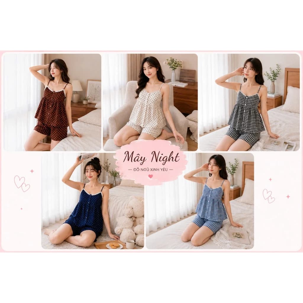 Bộ Đồ Mặc Ở Nhà Hai Dây Dáng Xòe Có Cúc Trước Ngực Và Sẵn Mút Ngực - Phối Ren Chấm Bi Xinh Xắn