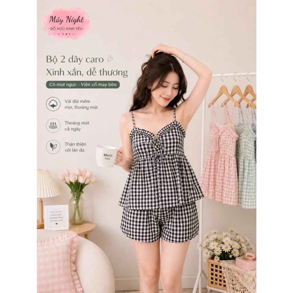 Bộ Đồ Hai Dây Kẻ Caro Nữ - Set Đồ Ngủ Hai Dây Dáng Xòe Thắt Nơ Ngực ( Có Mút Ngực ) - Quần Bí Phồng Siêu Tôn Dáng