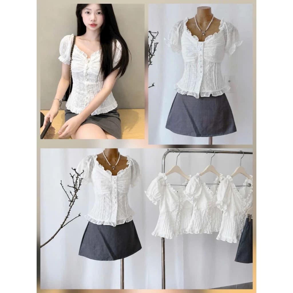 set bộ đồ nữ đẹp Áo Cotton Thêu Hoa Phói ren Mix Chân Váy Quần Có Lót Form Phồng Xinh Top Đi Biển , Chơi Du Lịch