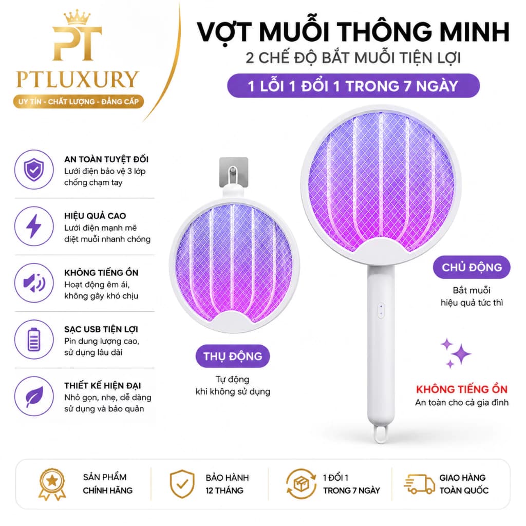 Vợt Muỗi PTLUXURY Thông Minh Gấp Gọn 2 In 1 Kiêm Đèn Bắt Muỗi Tự Động Ban Đêm