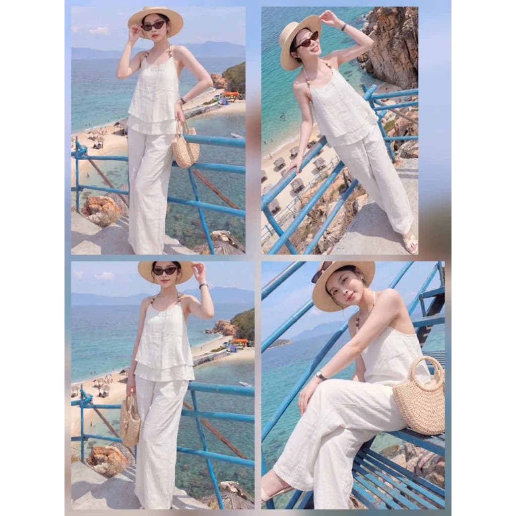 set bộ nữ Áo yếm Dây Đính Hạt 2 Lớp Bay Nhẹ Hở Lưng Phối Quần Dài Ống Suông Rộng Sang Chảnh Top Đi Biển , Chơi Du Lịch