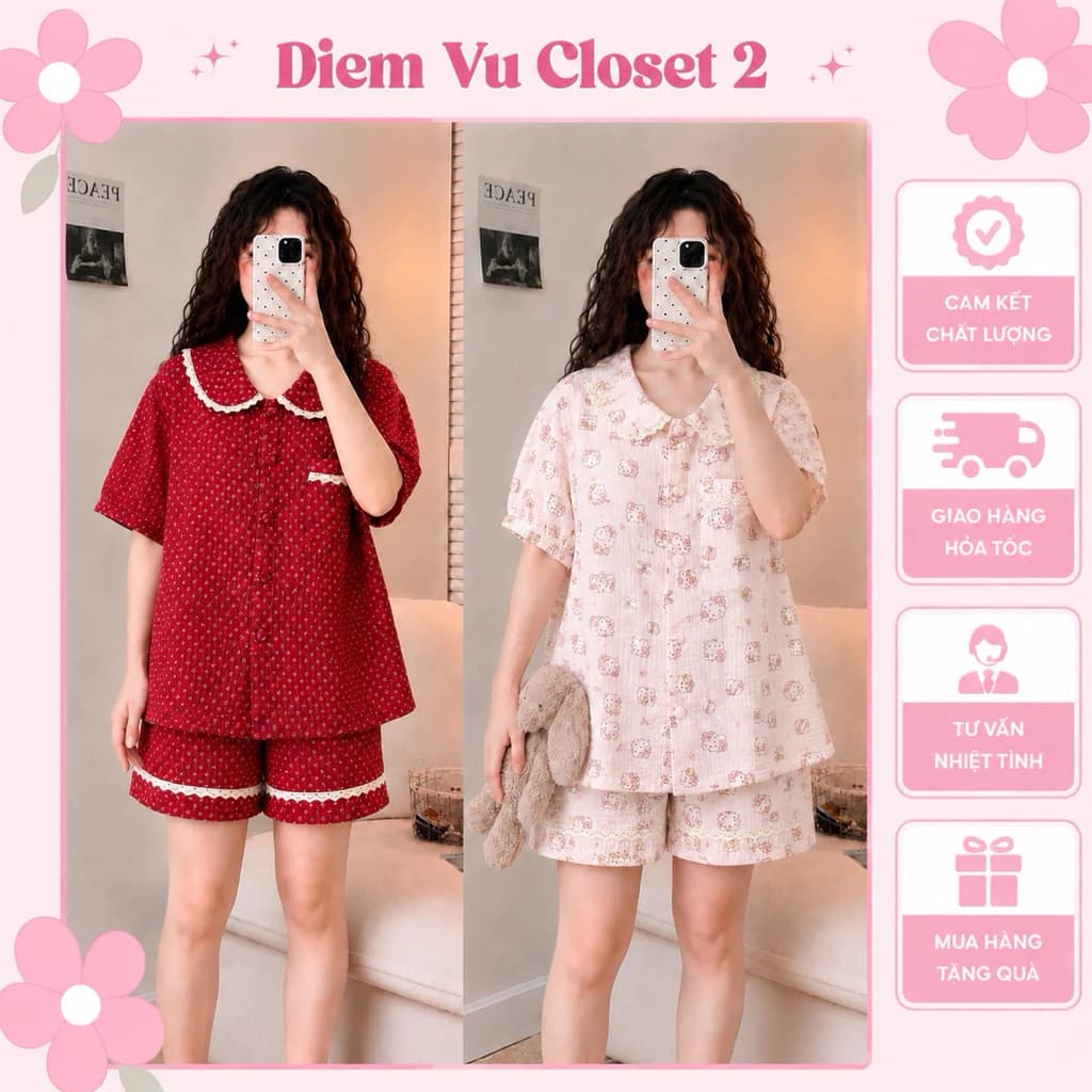 (HÀNG CÓ SẴN) Set pijama chất liệu xô muslin chính phẩm, bộ đồ ngủ mặc nhà thoáng mát mềm mịn mô
