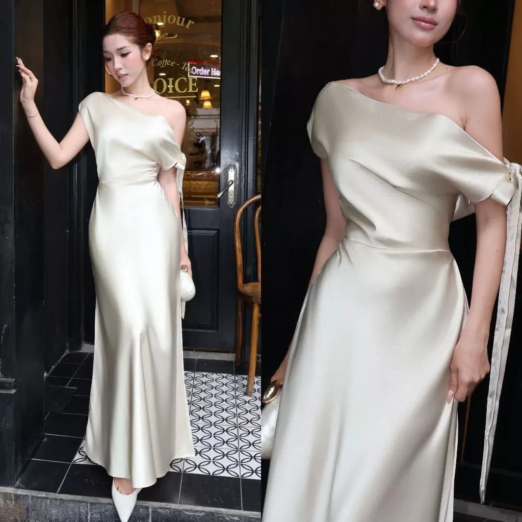 Đầm Lụa Dự Tiệc Trễ Vai Phối Nơ Lệch Vai Lụa Hàn NV684 Váy Lụa Đầm Dự Tiệc Cưới Lệch Vai Dây Thắt Được Nhiều Kiểu Nữ