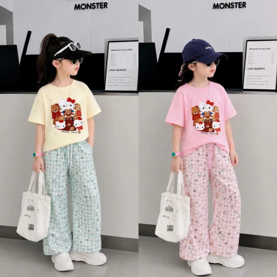 SÉT BỘ QUẦN DÀI VÀ ÁO PHÔNG IN HÌNH HELLO KITTY DÀNH CHO BÉ GÁI 13-43KG CHẤT LIỆU COTTON SU THOÁNG MÁT MỀM MỊN