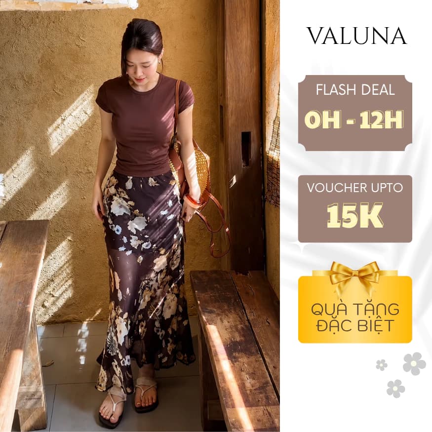 Set áo thun ôm phối chân váy hoa dáng dài phong cách Hàn Quốc nữ tính cao cấp VALUNA STORE 2688