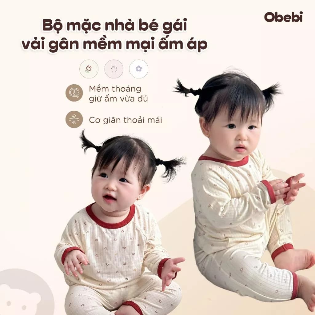 Bộ Mặc Nhà Thu Đông Vải Gân Mỏng Nhẹ Họa Tiết Đáng Yêu Cho Bé Obebi BMN243
