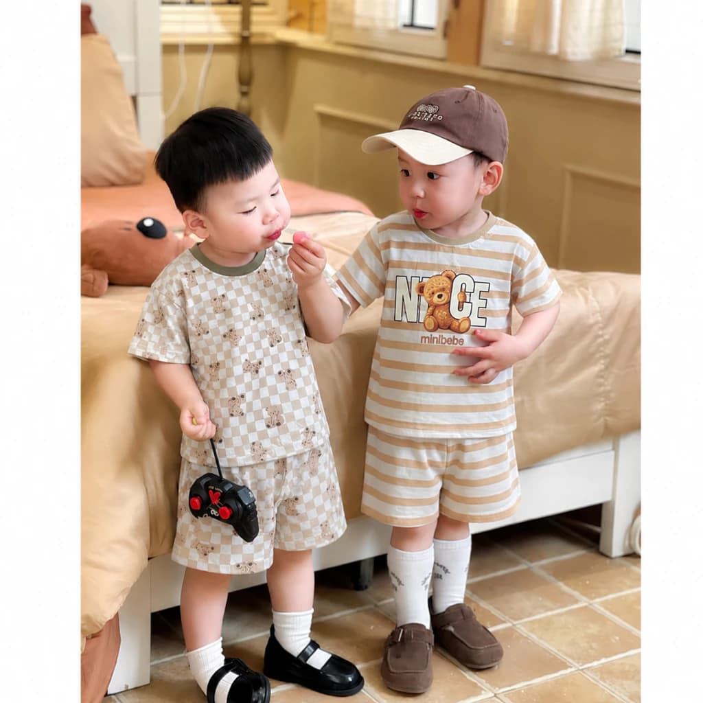 Đồ bộ bé trai hình gấu, Bộ cộc tay bé trai chất cotton mềm mịn COMBO 2 BỘ bé đi học đi chơi [9-24kg]