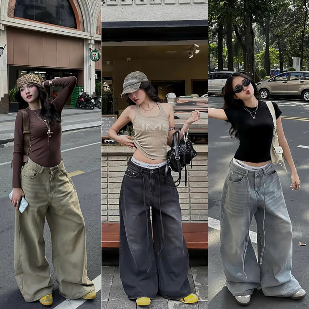 SMOKE WASH LOOSE PLEAT PANTS - Quần jeans nữ Retro ống suông rộng Dây Thừng Cạp Cao WHOSE, quần jean nam Ống Cong Unisex
