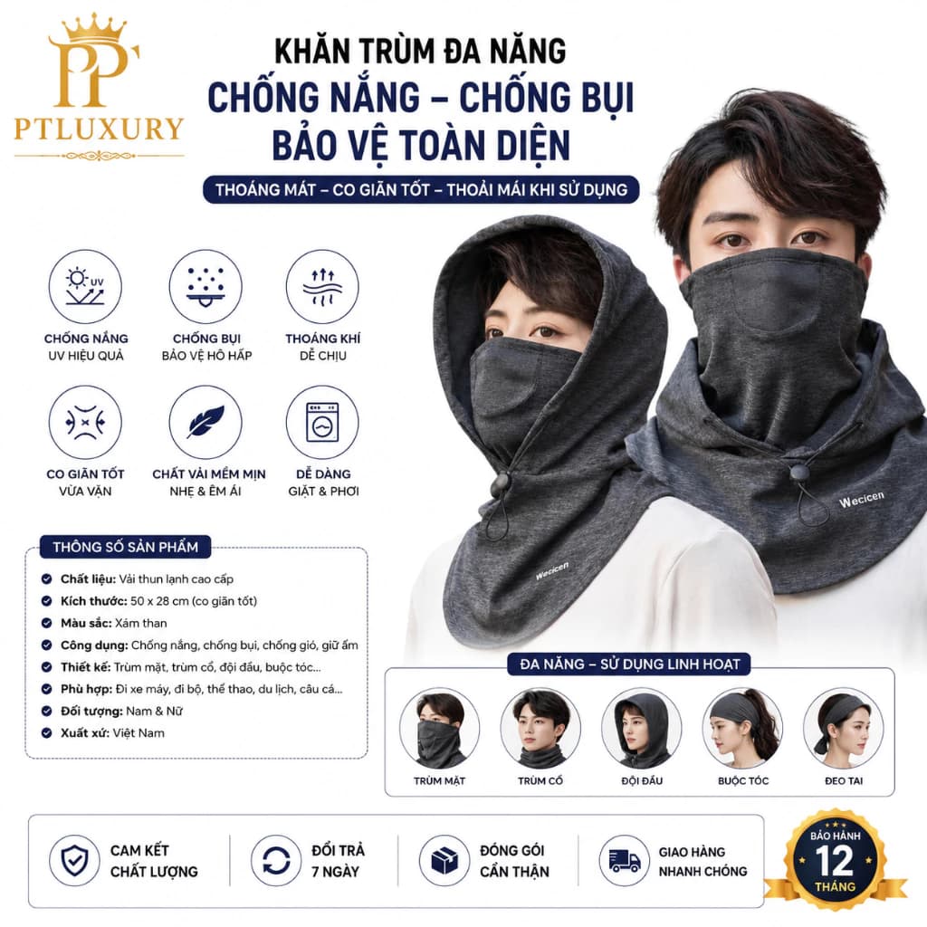 Mũ Trùm Đầu Kèm Khẩu Trang Nam Nữ Chống Nắng Chống Tia UV Có Dây Rút