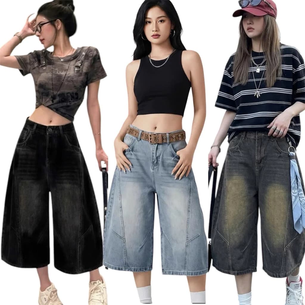 Quần Jeans Lửng Ống Rộng Cạp Trước Khoá Sau Chun Mặc Thoải Mái