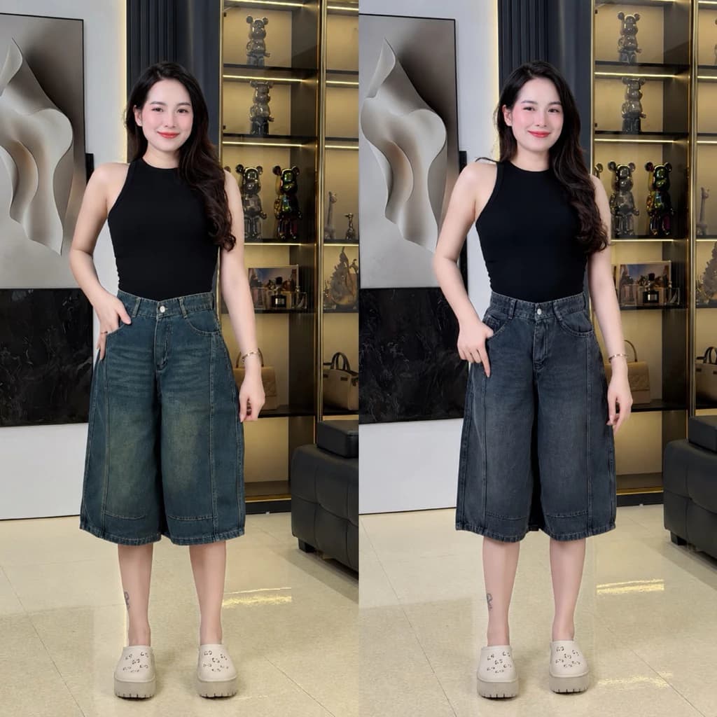 Quần jeans lửng ống suông rộng khoá lưng cao có thêu túi sau mặc hách dáng,trẻ trung cho nữ