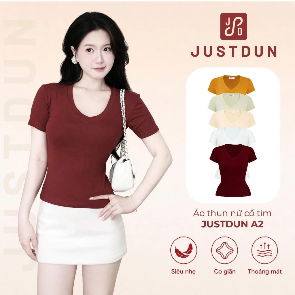 Áo Thun Nữ Basic Cổ Tim Trơn JUSTDUN A2 – Chất Cotton Lông Mịn Cao Cấp, Co Giãn 4 Chiều