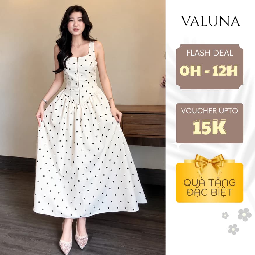Đầm maxi chấm bi nữ dáng xòe dài cao cấp, khóa kéo trước, tôn dáng sang trọng VALUNA STORE 2689