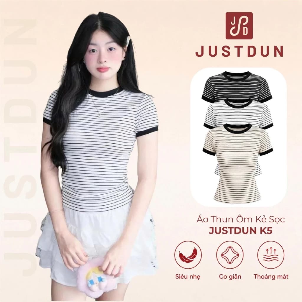 [Hàng Loại 1] Áo Thun Ôm Kẻ Sọc Nữ JUSTDUN K5 - Chất Cotton Mịn, Co Giãn, Tôn Dáng, Thoải Mái