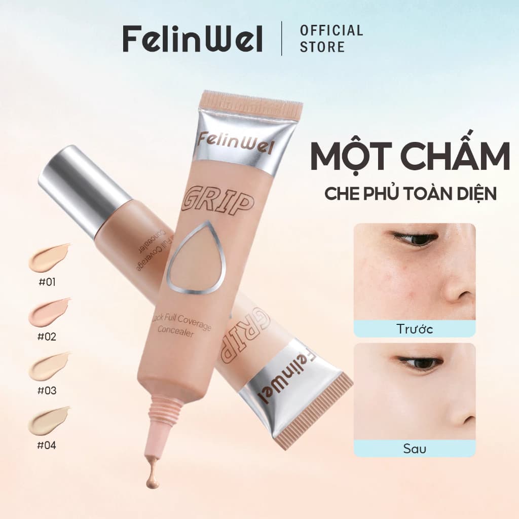 FelinWel Kem Che Khuyết Điểm Grip Lock, Che Phủ Hoàn Hảo, Công Nghệ Grip Film Tăng Độ Bám, Tiệp Da Tự Nhiên, 4 Tông Màu