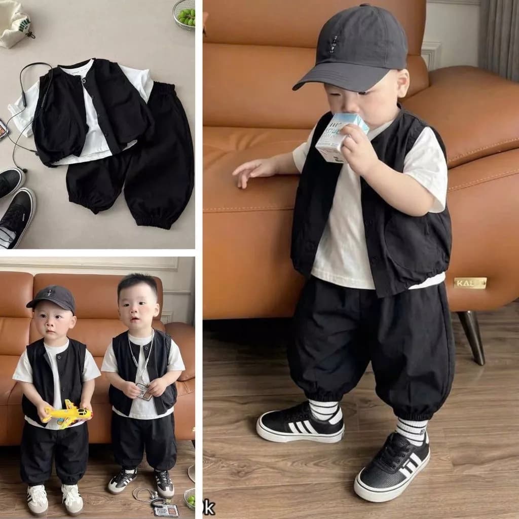 Đồ bộ bé trai đi học, Set áo phông phối áo gile khoác ngoài kèm quần jogger cho bé trai [9-24kg]