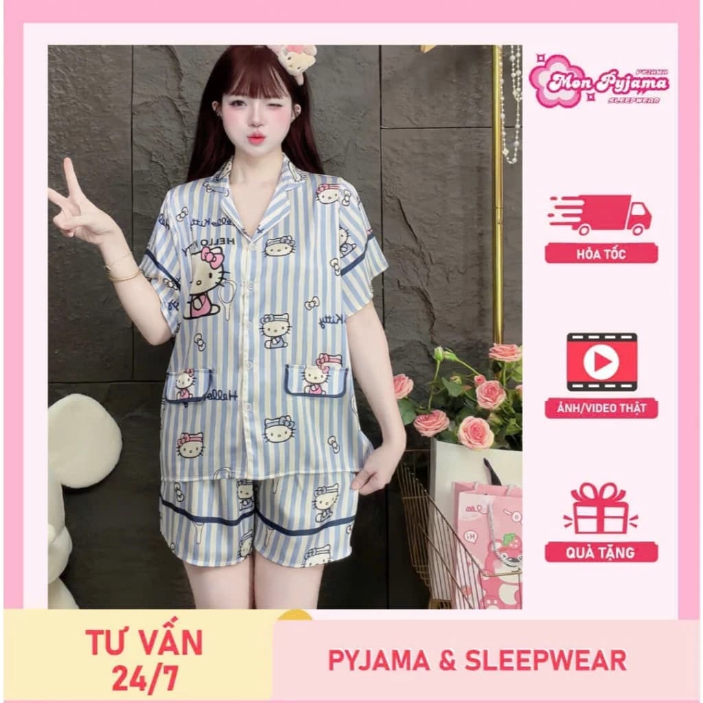 Đồ bộ mặc nhà nữ dễ thương,đồ ngủ lụa lạnh cao cấp,bộ pijama có túi, quần đùi họa tiết dễ thương[86]