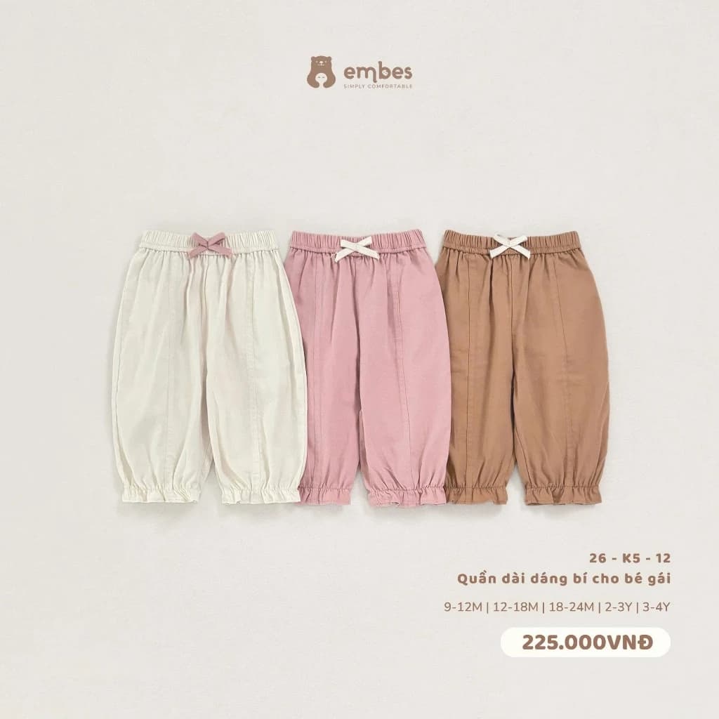 Quần Dài Bé Gái Embes, Quần Dài Dáng Bí Phối Họa Tiết Nơ Chất Cotton Đũi Cho Bé Gái Size Từ 8-18kg