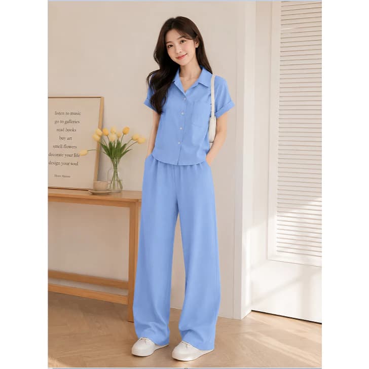 Set Bộ Nữ Sơ Mi Quần Suông Dài - Áo Sơ Mi Ngắn Tay Hến - Chất Liệu Đũi Vân Mây BTL-903