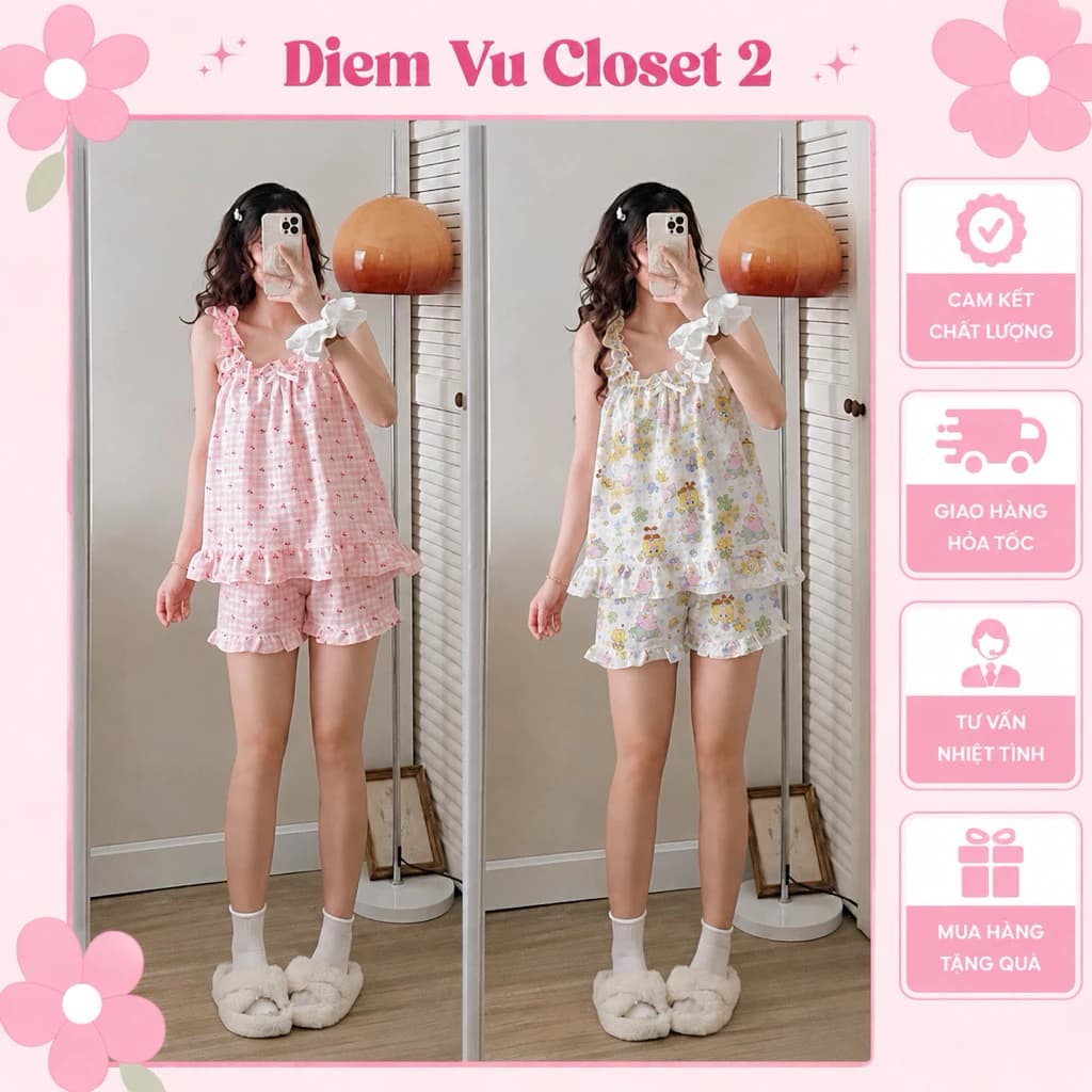 (HÌNH THẬT) Pijama 2 dây nơ đũi hàn/ tole thoáng mát, bộ đồ mặc nhà/ bộ đồ ngủ nữ