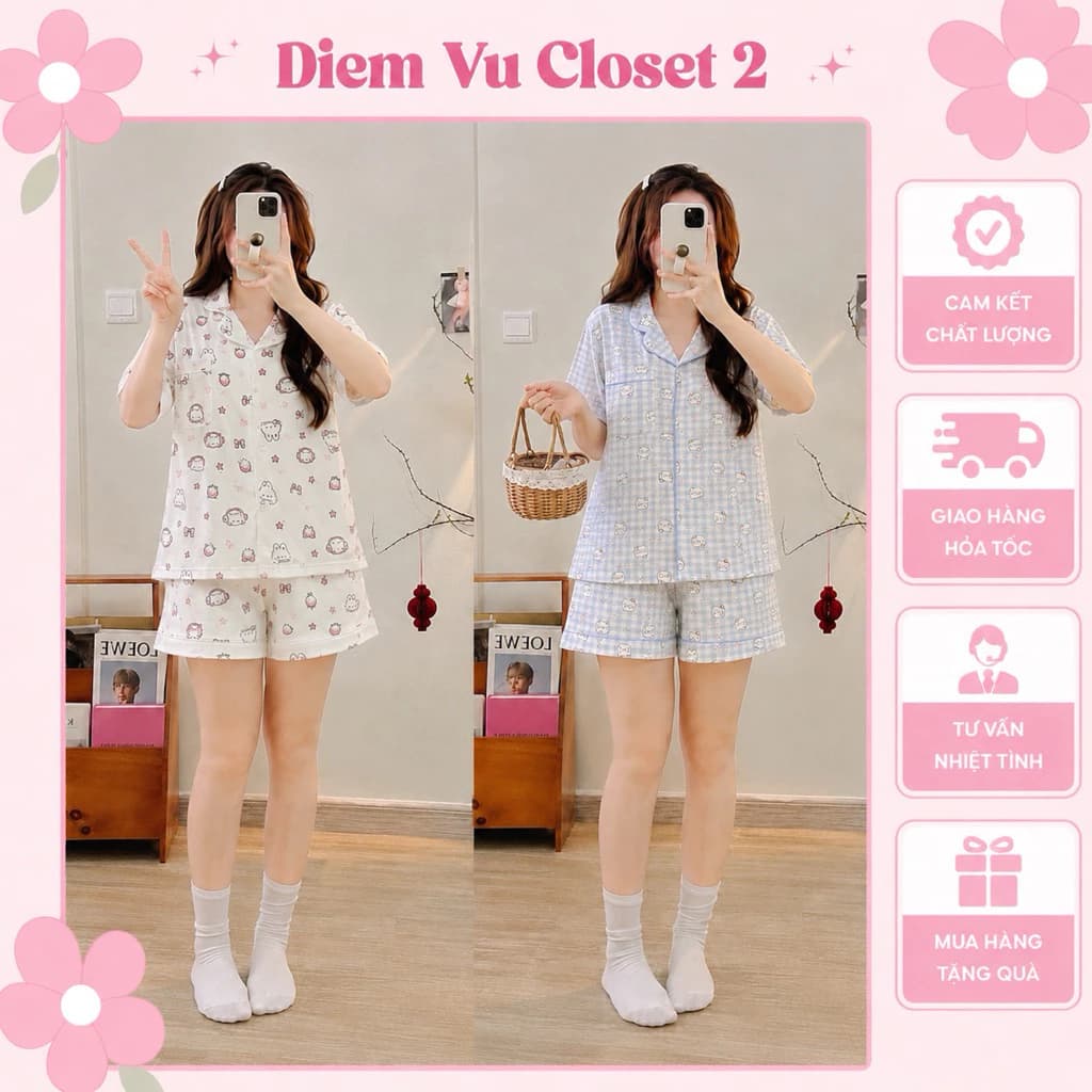 (HÌNH THẬT) Bộ pijama đùi chất liệu đũi Hàn/ đũi xốp mềm, bộ ngủ nữ/ bộ đồ mặc nhà hoạ tiết dễ thương