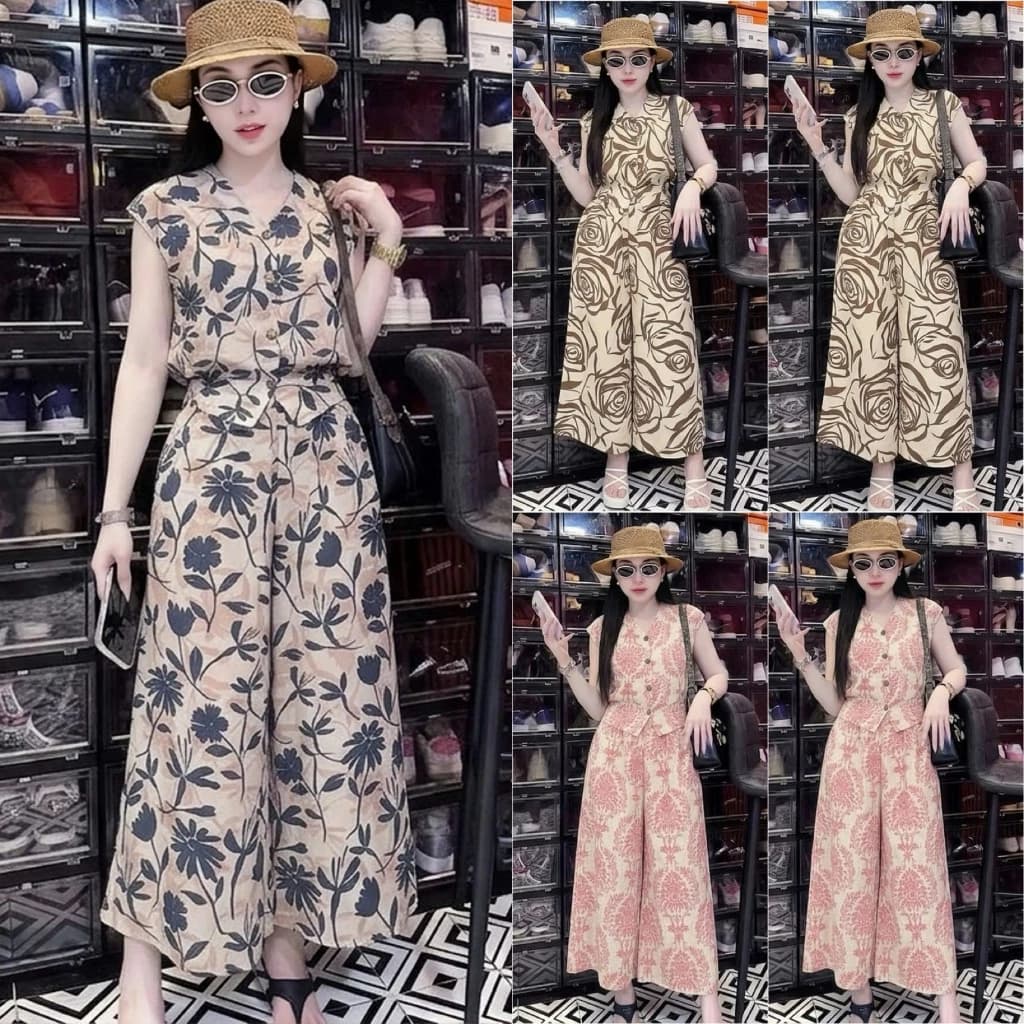 HT50, Sét áo tay rơi, quần ống rộng giả váy. Sét chất voan lụa đủ size 40-70kg.
