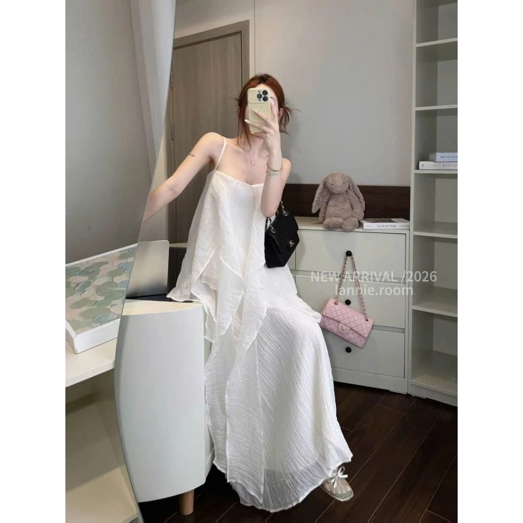 LYN- SET ÁO HAI DÂY MIX CHÂN VÁY DÀI NỮ LANNIE TƠ TRẮNG KEM NỮ