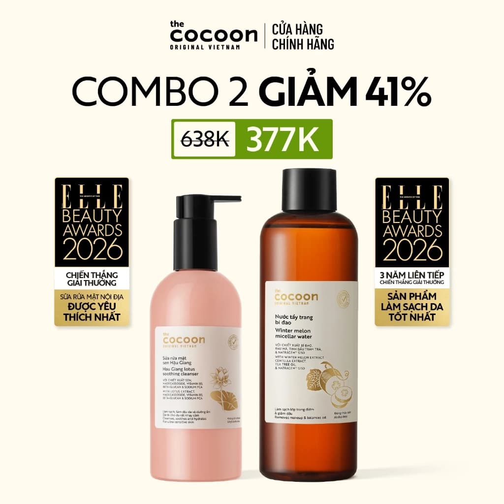[MUA 2 GIẢM 42%] Combo Nước tẩy trang bí đao 500ml + Sữa rửa mặt sen Hậu Giang Cocoon 310ml