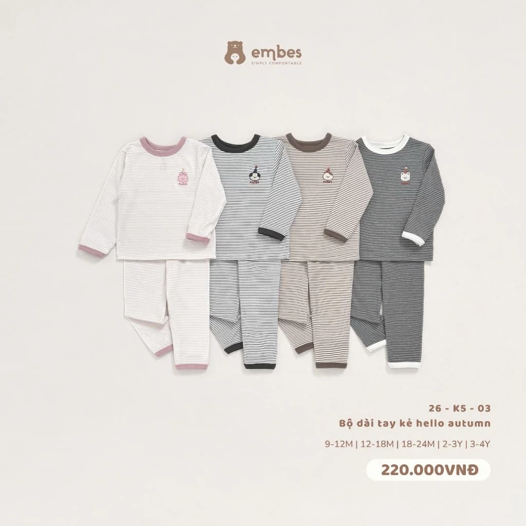 Đồ Bộ Cho Bé Embes, Bộ Dài Tay Thu Đông Kẻ Ngang Chất Lyocell Mềm Mịn Cho Bé Trai Bé Gái Từ 8-18kg